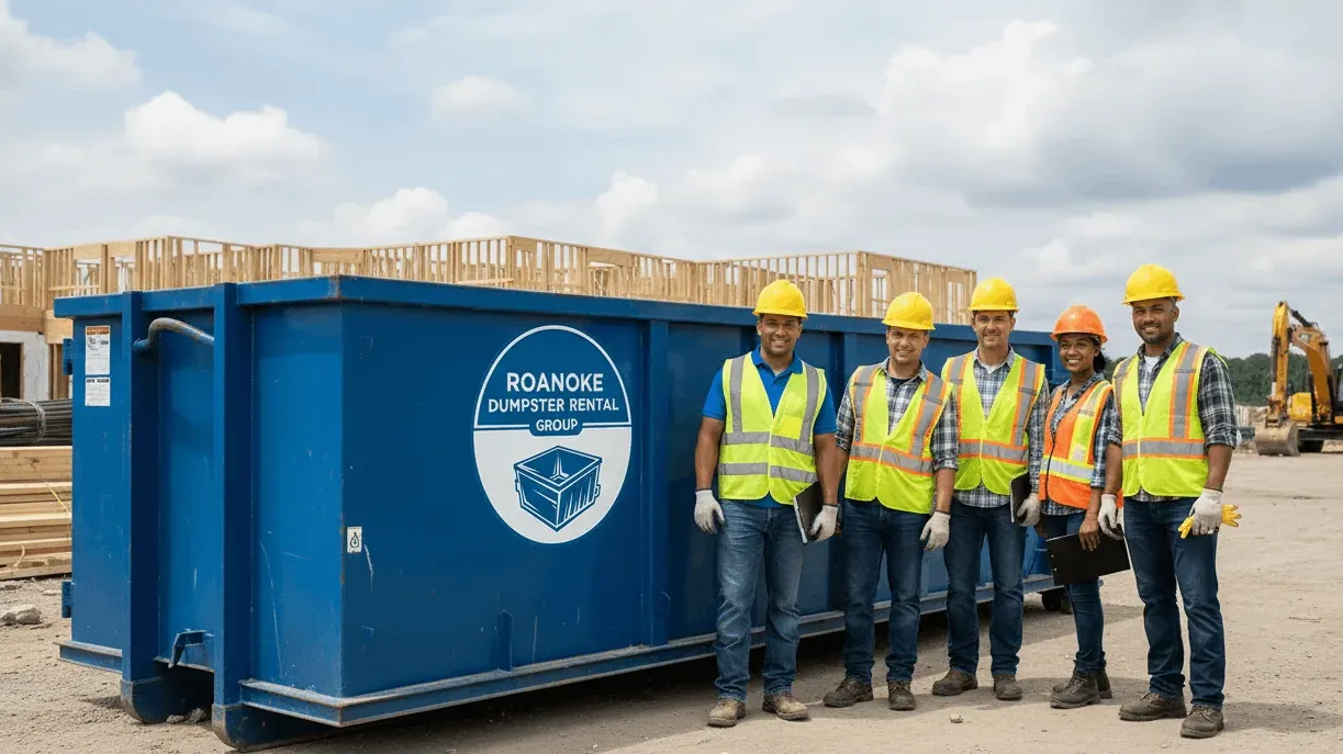 Construction debris disposal in Virginia — mixed building waste loaded into a roll-off on a Roanoke site Construction debris disposal in Virginia — mixed building waste loaded into a roll-off on a Roanoke site
