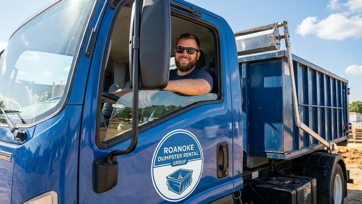 Roanoke Dumpster Rental Group driver talking a customer through container placement in Roanoke, VA Roanoke Dumpster Rental Group driver talking a customer through container placement in Roanoke, VA