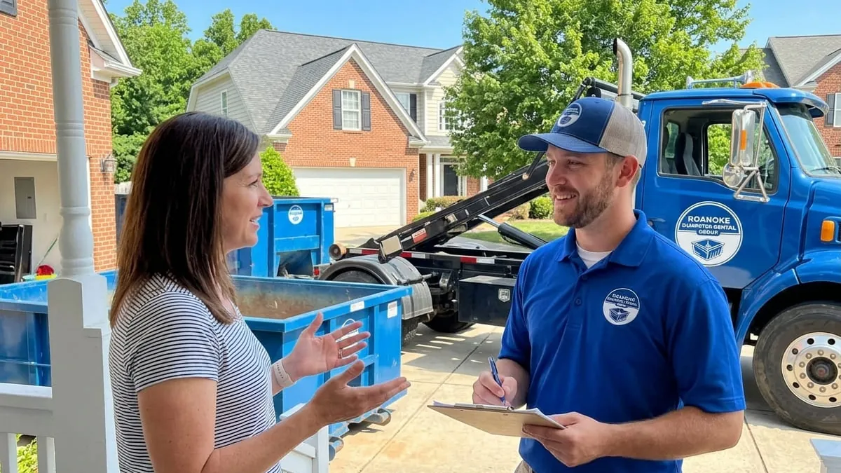 Roanoke Dumpster Rental Group team member answering customer questions in Roanoke, Virginia Roanoke Dumpster Rental Group team member answering customer questions in Roanoke, Virginia