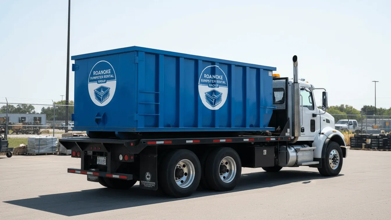 Roll-off truck delivering a 30 yard dumpster on a residential street in Roanoke, VA Roll-off truck delivering a 30 yard dumpster on a residential street in Roanoke, VA