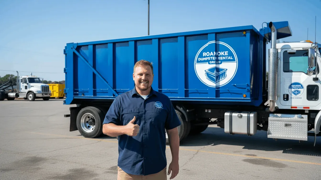 A Roanoke Dumpster Rental Group driver beside the roll-off truck fleet on Peters Creek Road A Roanoke Dumpster Rental Group driver beside the roll-off truck fleet on Peters Creek Road
