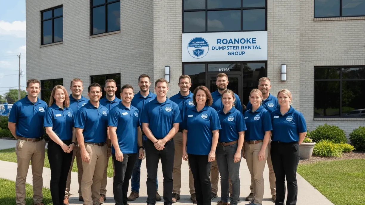 Roanoke Dumpster Rental Group team in high-visibility vests at the 3783 Peters Creek Rd yard